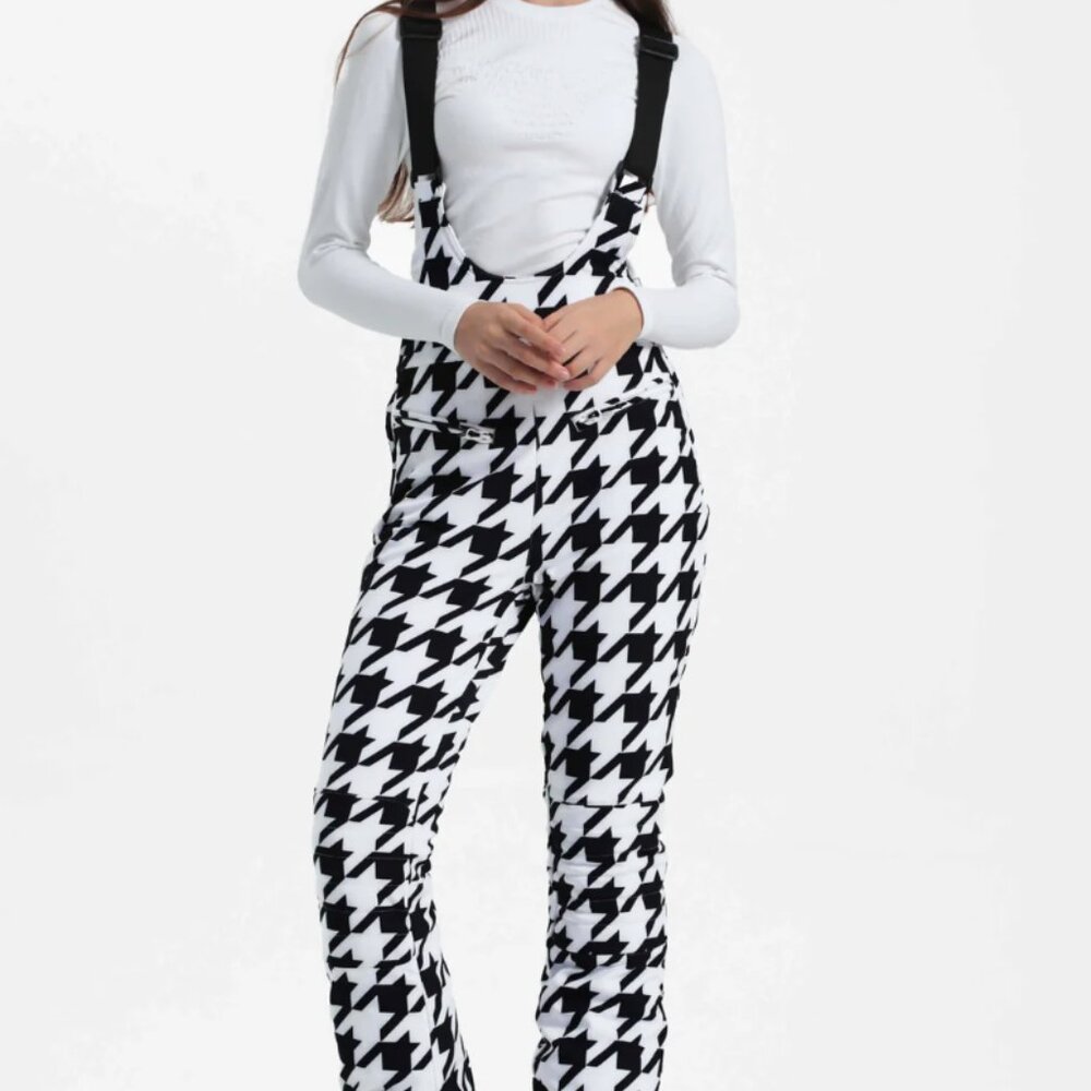 GSOU Snow Women's Houndstooth Slim-Fit Stretch Fleece-Lined Ski Bibs